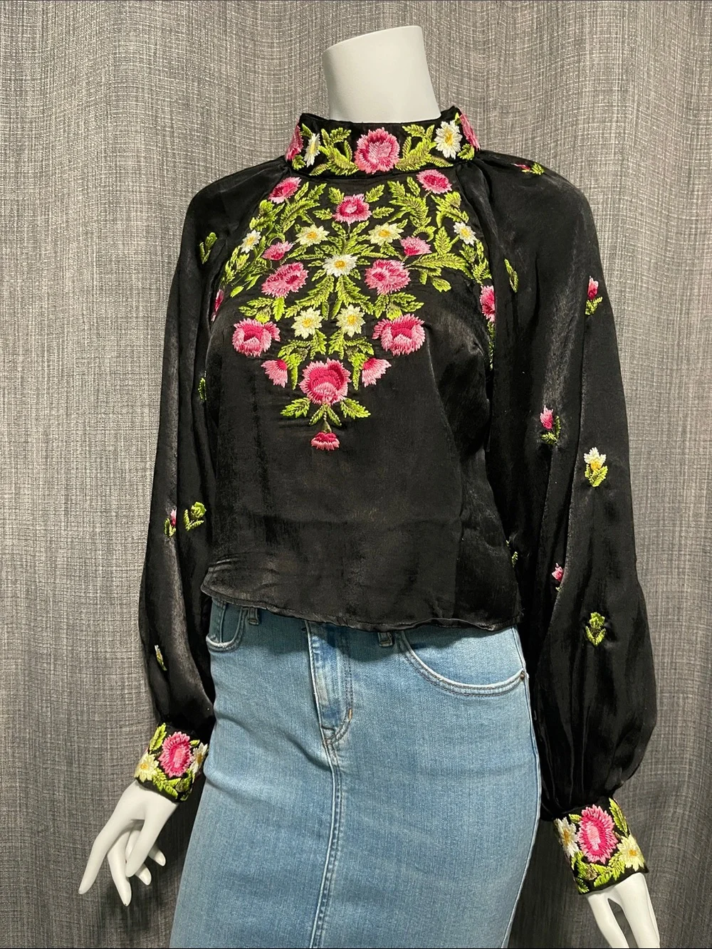 Free People High Neck Embroidered Jessica Blouse XS
